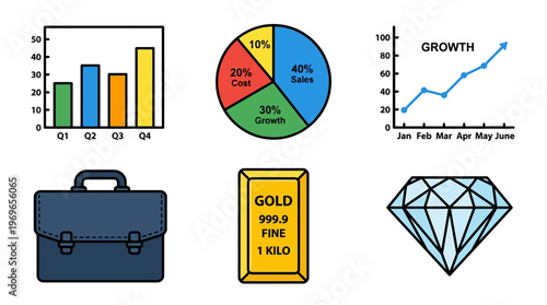 Business growth and finance icons with graphs and precious items