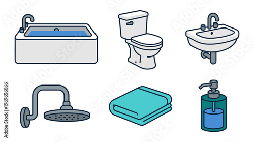 Bathroom essentials with bathtub toilet sink shower towel and soap dispenser icons set