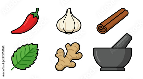 Cartoon spices and herbs collection with mortar, chili, garlic, cinnamon, leaf, ginger