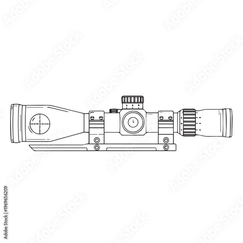 Line drawing illustration of a rifle scope with adjustment dials and mounts.
