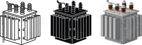 Versatile set of electrical power transformers featuring line art solid black and detailed vector illustrations perfect for energy industry graphics and technical diagrams