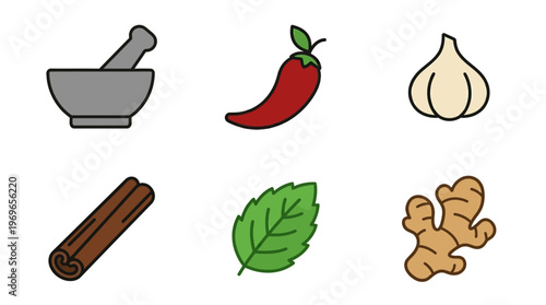 Mortar and pestle with various herbs and spices for cooking and medicine preparation