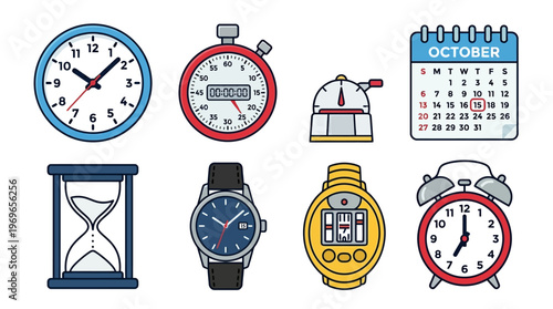 Time management icons including clocks, watches, calendar and timer for scheduling and organization