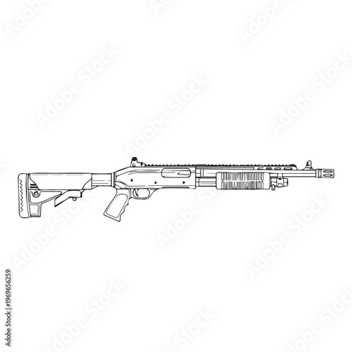 Detailed line drawing of a modern semi automatic rifle with scope and adjustable stock.