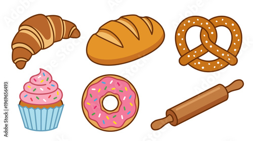Cartoon baked goods assortment with croissant, bread, pretzel, cupcake, donut, and rolling pin