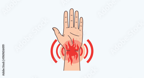 Wrist pain and inflammation illustration with fire and radiating waves