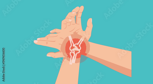 Wrist Pain: Illustration of inflamed wrist joint with bones and tendons highlighted in red
