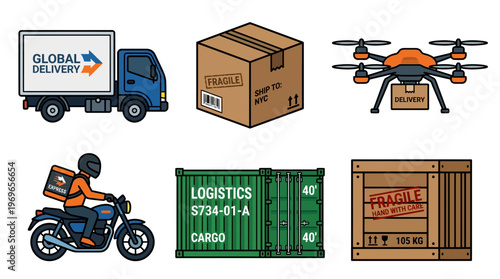 Global delivery and logistics vector illustration with truck drone motorcycle and containers
