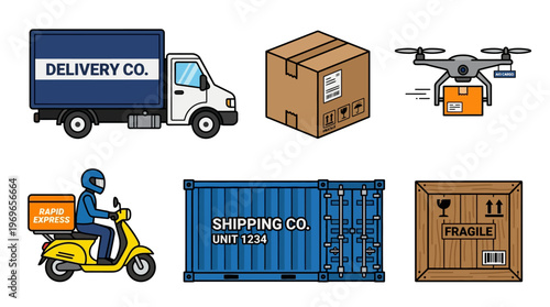 Various delivery vehicles and shipping containers for logistics and transportation