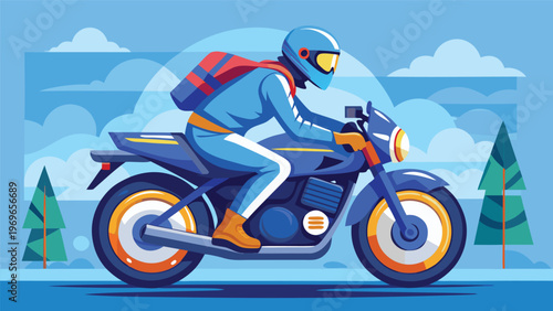 Motorcycle rider in blue gear riding on a sunny day with trees in the background