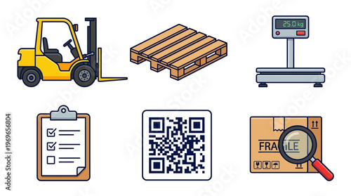 Warehouse logistics vector icons set including forklift pallet scale clipboard QR code and fragile box