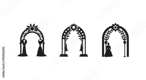 Black silhouettes of wedding couples standing under floral arches on white background