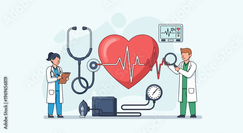 Cardiology Medical Team Examining Heart Health with ECG and Blood Pressure Monitor
