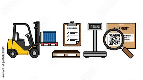 Warehouse logistics and shipping operations with forklift and packages