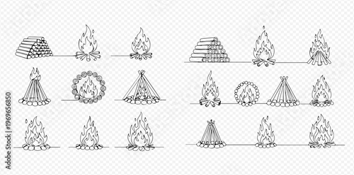 Set of hand-drawn campfire illustrations, showing various types of bonfires and burning wood for outdoor activities.