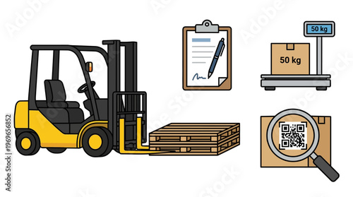 Vector illustration of forklift with pallet and logistics elements for warehouse and shipping concepts