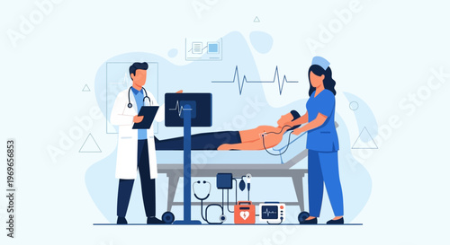 Doctor and nurse performing medical examination with ultrasound machine and ECG monitor