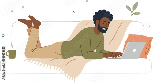 Man relaxing on couch with laptop and coffee in cozy indoor setting