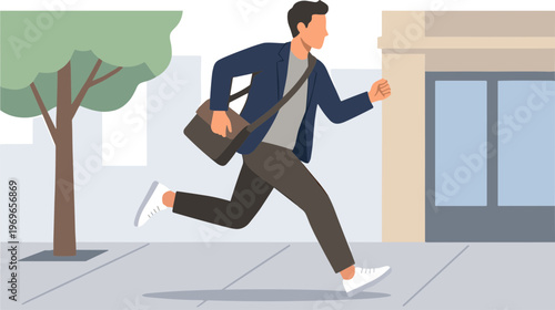 Businessman runs quickly down city sidewalk with briefcase in hand