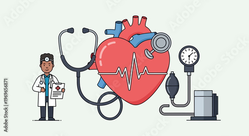 Doctor with Heart and Blood Pressure Monitor - Cardiology Concept