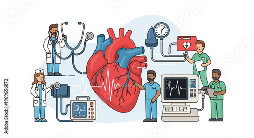 Cardiology Medical Team Examining Heart with ECG and Blood Pressure Monitor