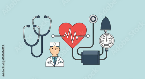 Doctor, Heartbeat, Stethoscope, Blood Pressure Monitor: Medical Health Care Concept