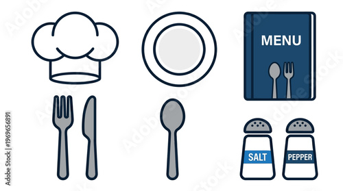 Restaurant table setting with chef hat menu plate utensils and condiments