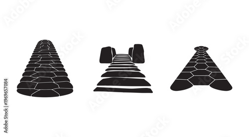 Black stone pathways leading to different destinations  various rocky trails  isolated on white background