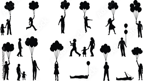 Set of people silhouettes holding balloons, joyful moments, celebration, childhood, family interaction and freedom concept, playful lifestyle isolated on white background