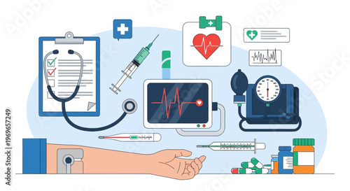 Medical equipment and healthcare concept with EKG, stethoscope, syringe, and blood pressure monitor