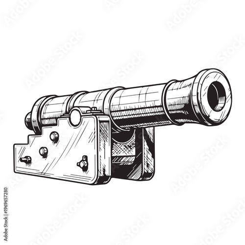 Detailed black and white illustration of an old artillery cannon with mounting base.