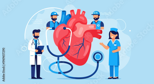 Medical Team Caring for Human Heart, Cardiology Concept