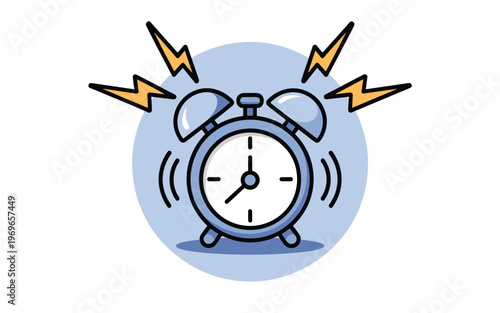 A cartoon alarm clock rings loudly with lightning bolts.