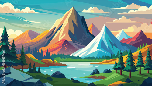 Mountain landscape with a lake surrounded by trees during daytime in a colorful style
