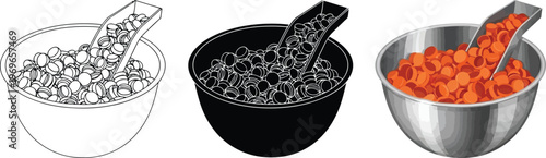 Collection of vector illustrations depicting small round objects being scooped into a bowl presented in outline solid and metallic styles for food industrial or process design