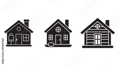 Blackandwhite house icons with different architectural styles and features on white background