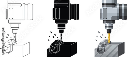 CNC milling machine icon set showing a precision cutting process in outline silhouette and detailed vector styles for industrial design and manufacturing concepts