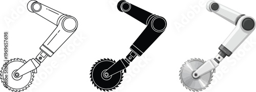 Set of robotic arm illustrations with a circular saw blade featuring outline solid and realistic styles for industrial automation and cutting technology