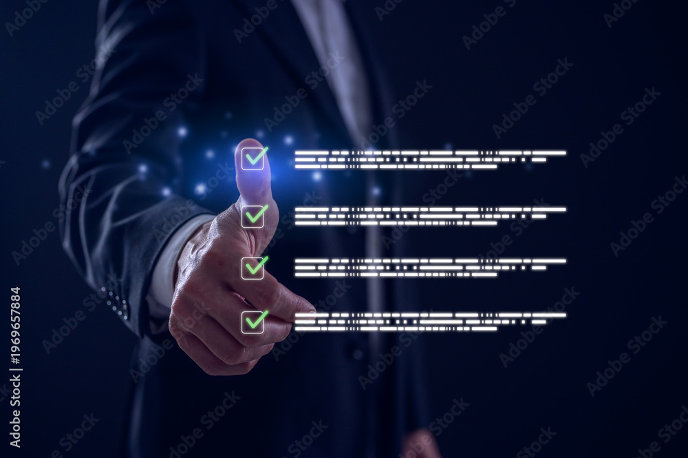 Obraz premium Businessman showing thumb up review electronic files, utilizing intelligent management system to validate records and streamline final approvals, Digital document workflow and quality assurance