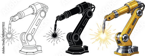 Industrial robotic arm performing welding with sparks presented in outline silhouette and detailed colored vector styles ideal for technology and manufacturing concepts