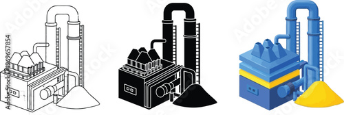 Industrial processing plant with a pile of raw material depicted in versatile vector styles for manufacturing energy and business concepts