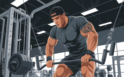 Muscular man exercises with weights at a gym facility indoors