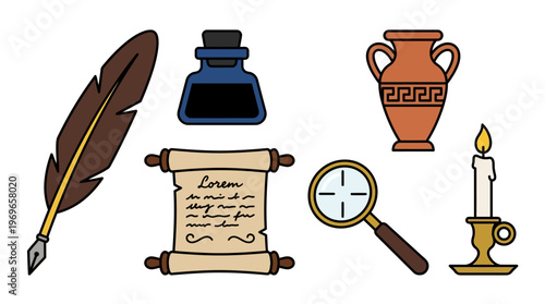 Vintage writing tools vector illustration set including feather quill and inkwell graphic design