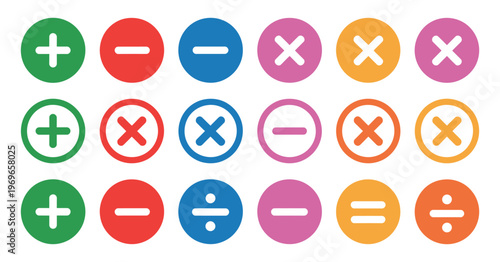 Flat vector illustration of mathematics symbols, includes plus minus multiply divide equal percentage icons in colorful circular and square styles