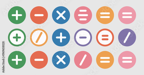 Flat vector illustration of mathematics symbols, includes plus minus multiply divide equal percentage icons in colorful circular and square styles
