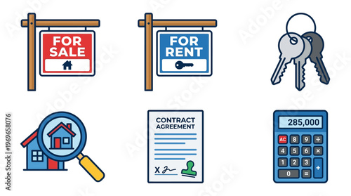 Real estate icons set for sale rent contract agreement and house hunting