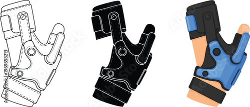 Set of protective wrist guards in various styles including line art silhouette and colored vector illustrations ideal for sports safety and injury prevention