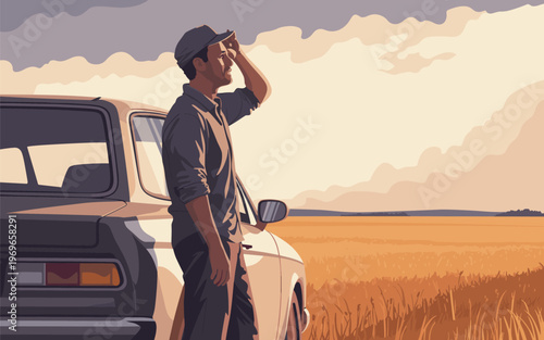Man standing beside a car in a vast field looking away