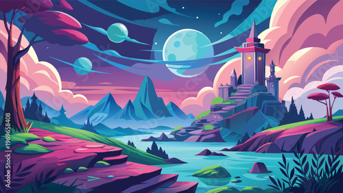 Vivid scene of a castle near a lake with mountains and planets in the sky during twilight hours