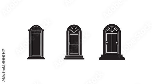 Blackandwhite illustration of three arched doors with different designs and details  architecture elements  home features